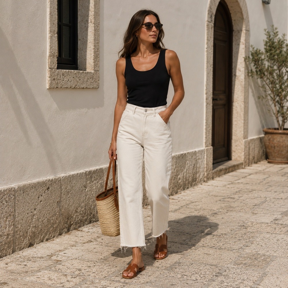 Everlane Womens High Rise Jeans 6 Off White Cropped Straight Denim Raw Hem